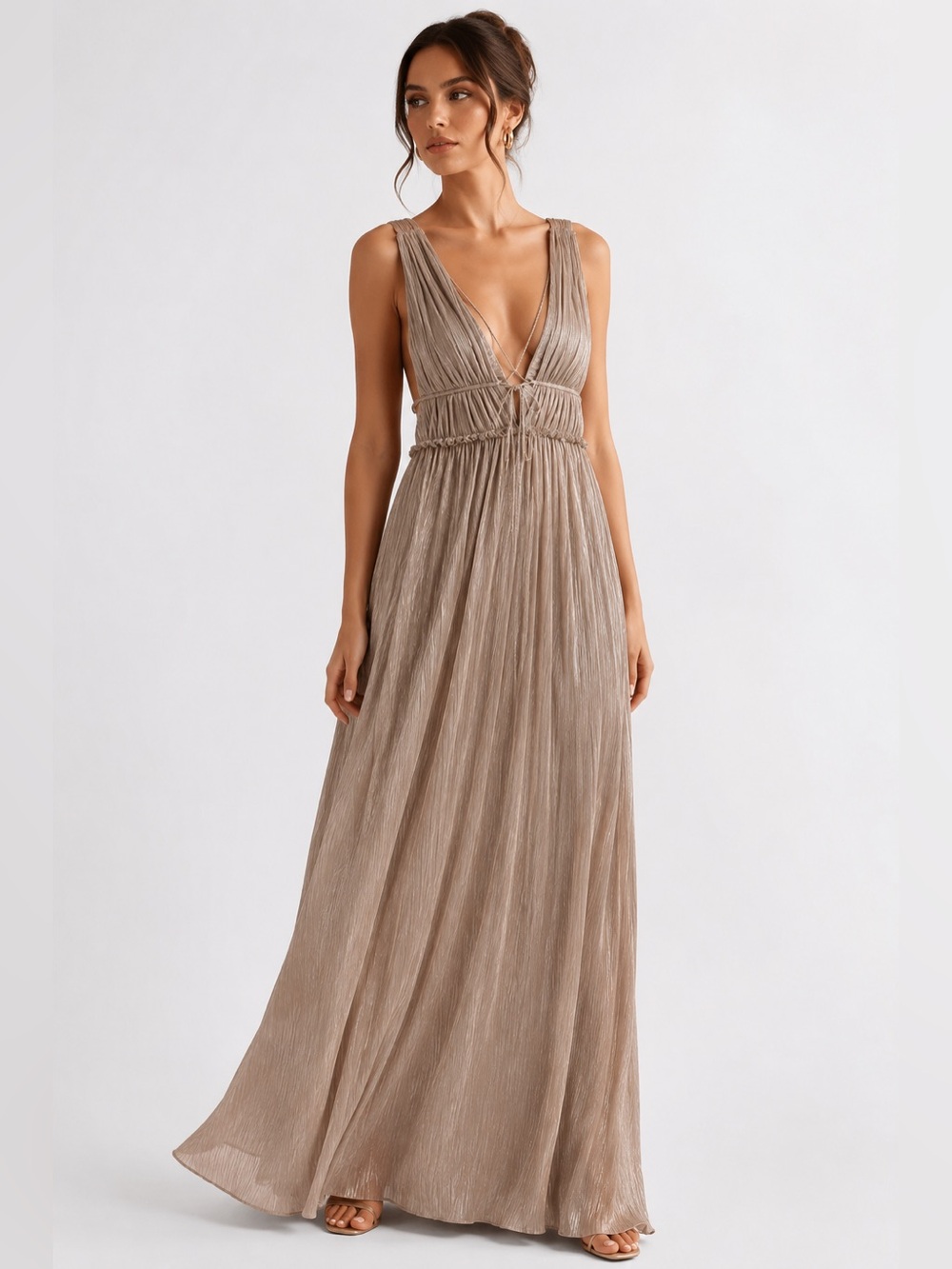 Jonathan Simkhai Plisse Lamé Goddess Gown Champagne M Metallic Maxi Dress